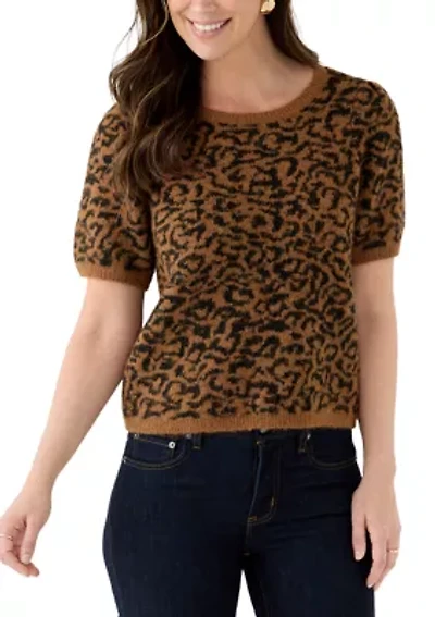 Women's Short Sleeve Tip Leopard Sweater