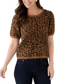 Women's Short Sleeve Tip Leopard Sweater