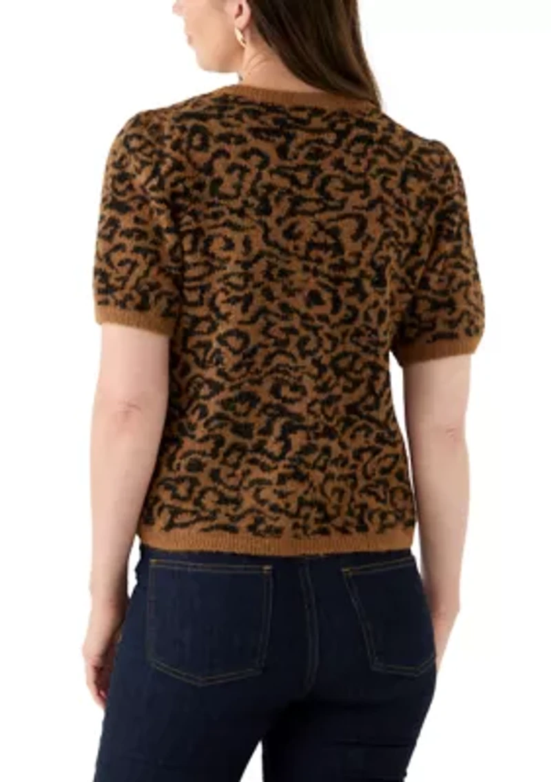 Women's Short Sleeve Tip Leopard Sweater