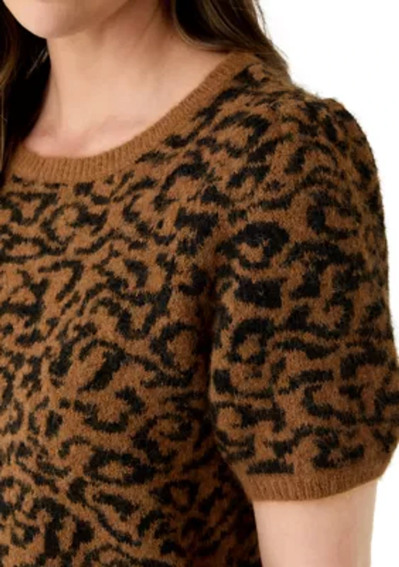 Women's Short Sleeve Tip Leopard Sweater
