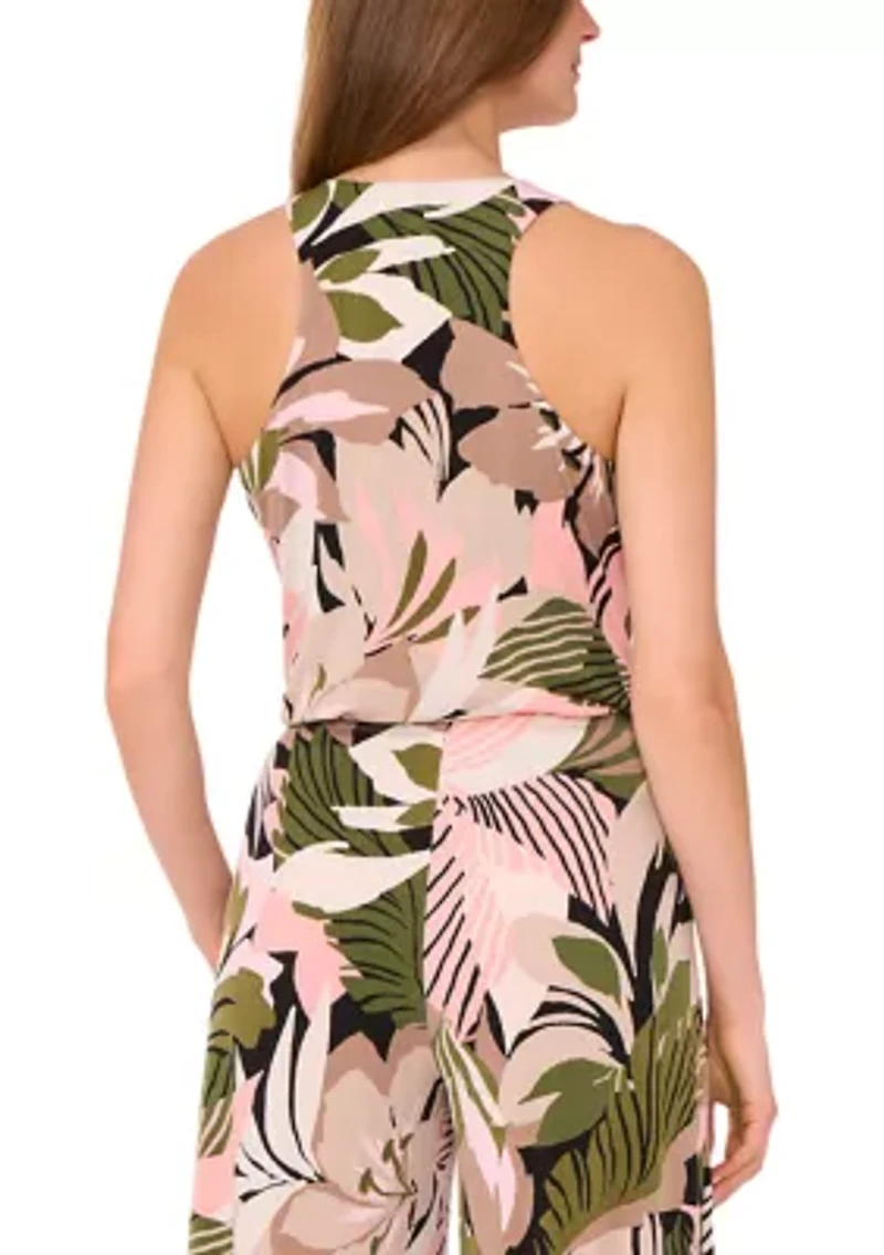 Women's Sleeveless Crew Neck Tropical Floral Top