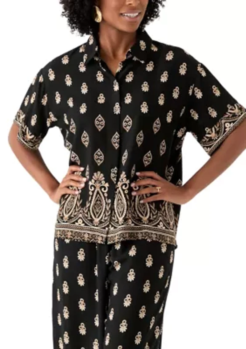 Women's Short Sleeve Border Print Button Front Blouse