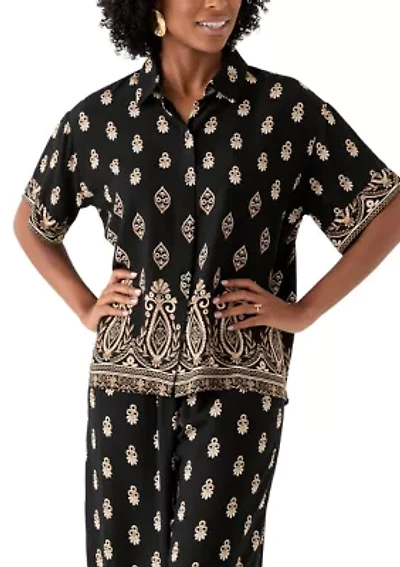Women's Short Sleeve Border Print Button Front Blouse