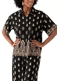 Women's Short Sleeve Border Print Button Front Blouse
