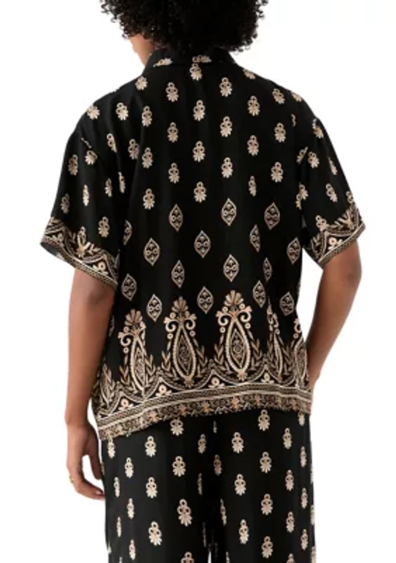 Women's Short Sleeve Border Print Button Front Blouse