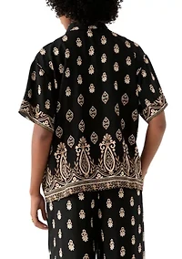 Women's Short Sleeve Border Print Button Front Blouse