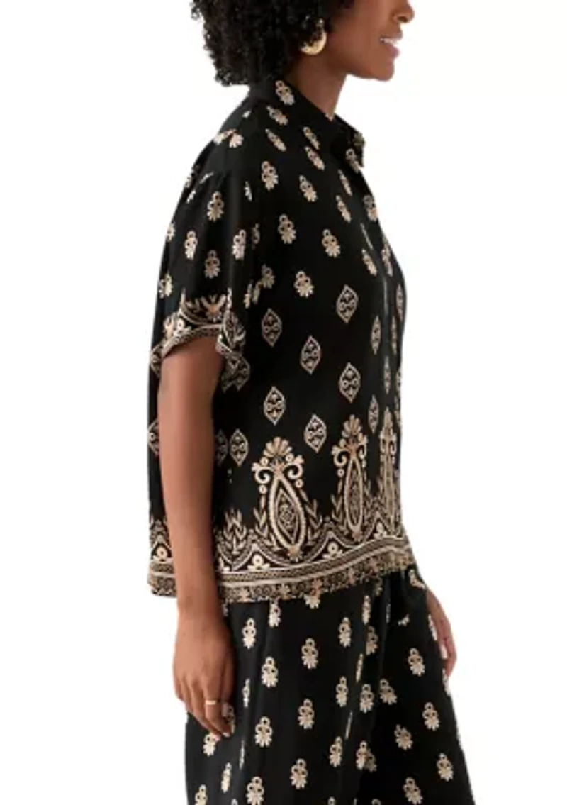 Women's Short Sleeve Border Print Button Front Blouse