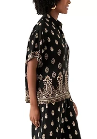 Women's Short Sleeve Border Print Button Front Blouse