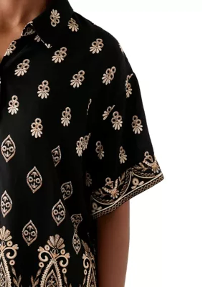 Women's Short Sleeve Border Print Button Front Blouse