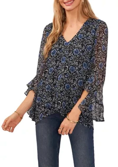 Women's Flutter Sleeve Floral V-Neck Blouse