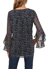 Women's Flutter Sleeve Floral V-Neck Blouse