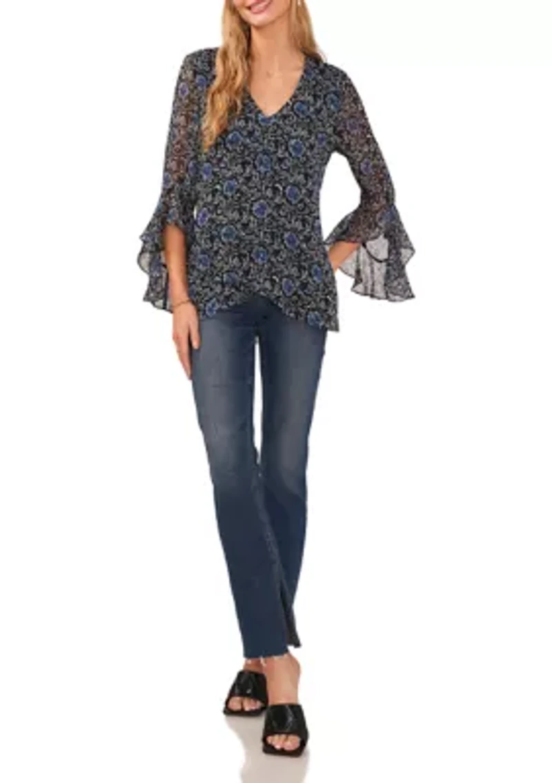 Women's Flutter Sleeve Floral V-Neck Blouse