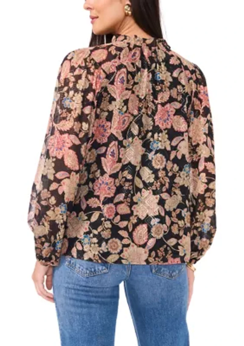Women's Long Sleeve Tie Neck Floral Blouse