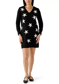 Women's V-Neck Star Print Sweater Dress