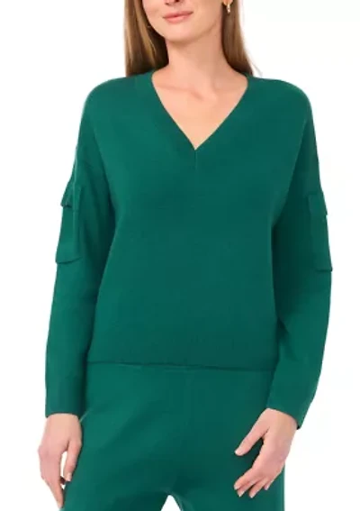 Women's Long Sleeve V-Neck Cargo Sweater