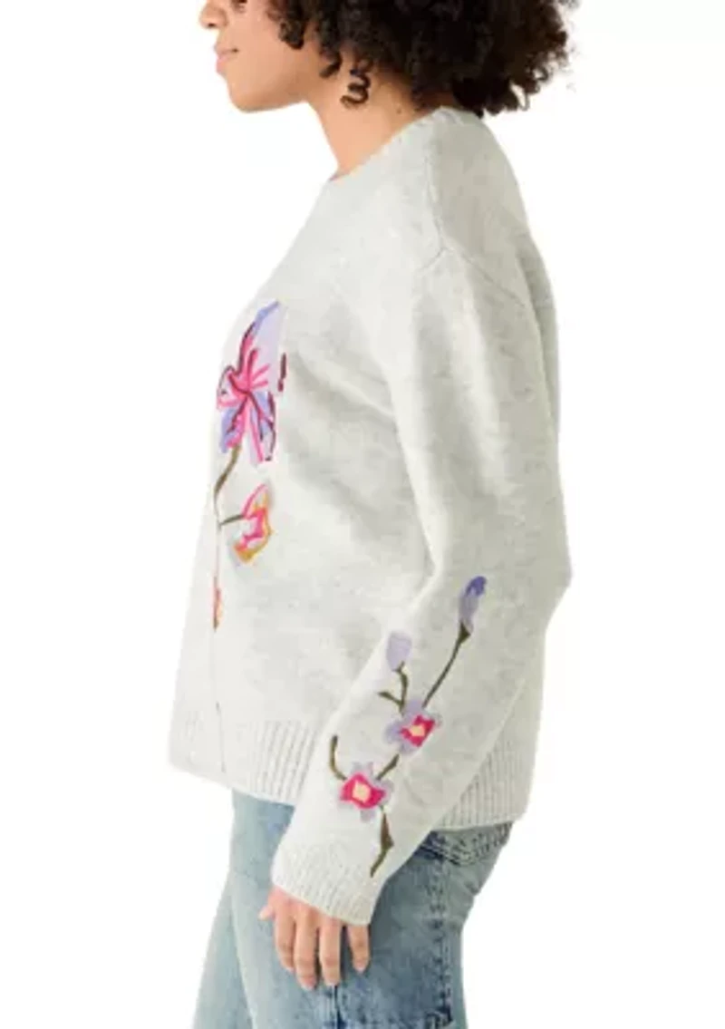 Women's Crew Neck Stitch Detail Floral Sweater