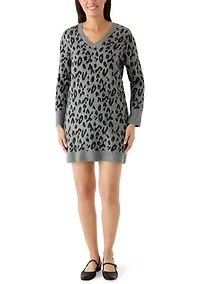 Women's V-Neck Leopard Print Sweater Dress