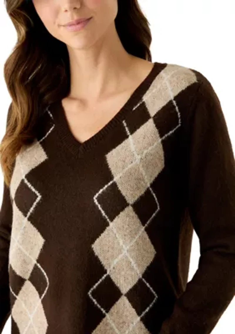 Women's V-Neck Argyle Sweater Dress
