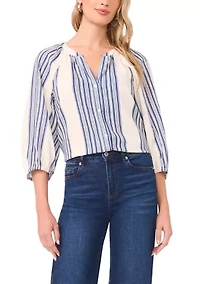 Women's 3/4 Sleeve Striped Button Front Blouse