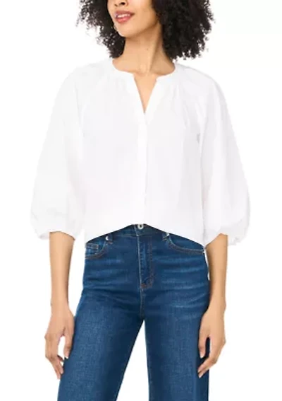 Women's Puff Sleeve Button Front Split Neck Blouse