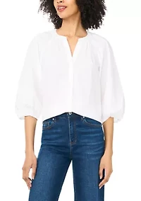 Women's Puff Sleeve Button Front Split Neck Blouse