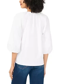 Women's Puff Sleeve Button Front Split Neck Blouse