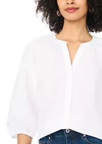 Women's Puff Sleeve Button Front Split Neck Blouse