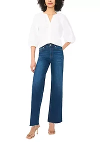 Women's Puff Sleeve Button Front Split Neck Blouse