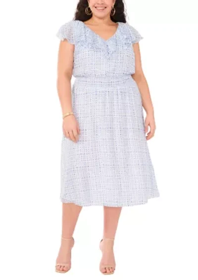 Plus V-Neck Smocked Waist Midi Dress with Ruffles
