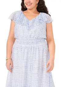 Plus V-Neck Smocked Waist Midi Dress with Ruffles