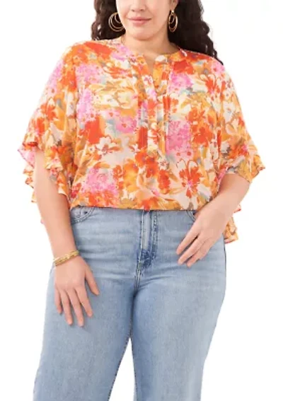 Plus Flutter Sleeve Pintuck Floral Henley Top