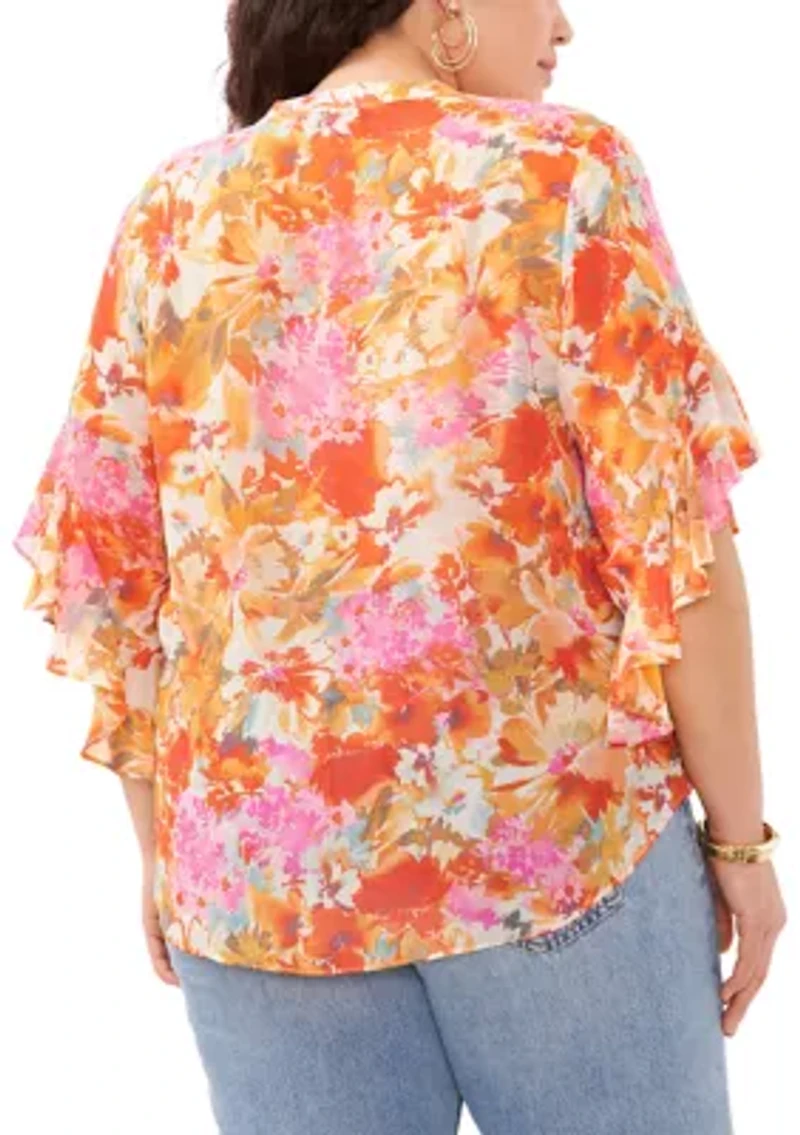 Plus Flutter Sleeve Pintuck Floral Henley Top