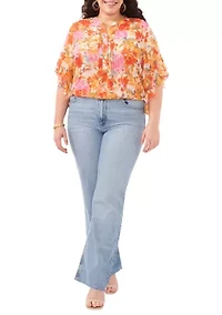 Plus Flutter Sleeve Pintuck Floral Henley Top