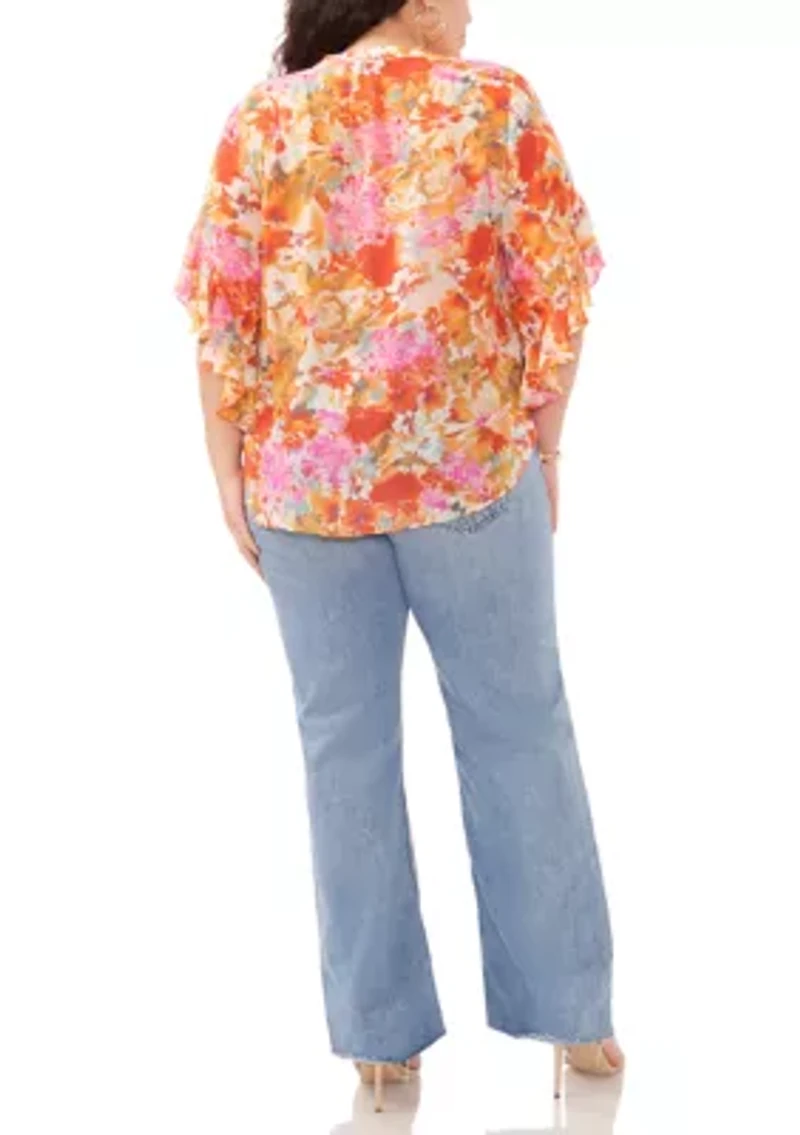Plus Flutter Sleeve Pintuck Floral Henley Top