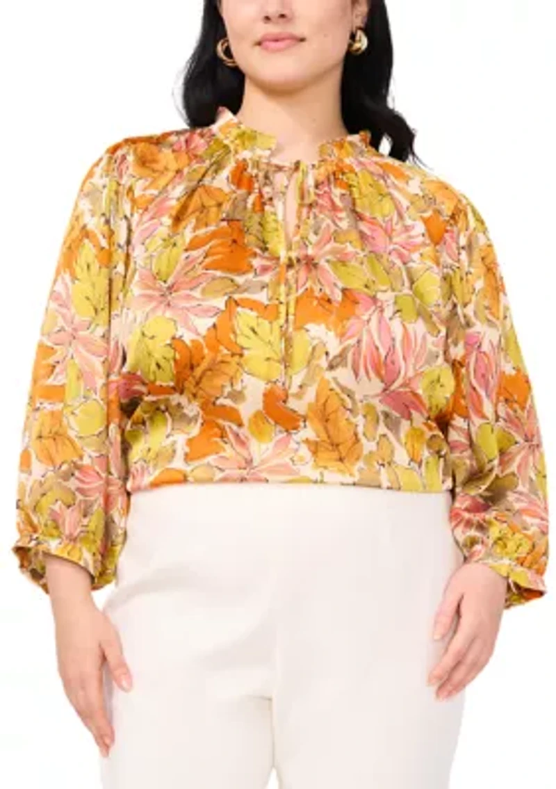 Plus Long Sleeve Split Neck Peasant Blouse