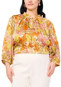 Plus Long Sleeve Split Neck Peasant Blouse