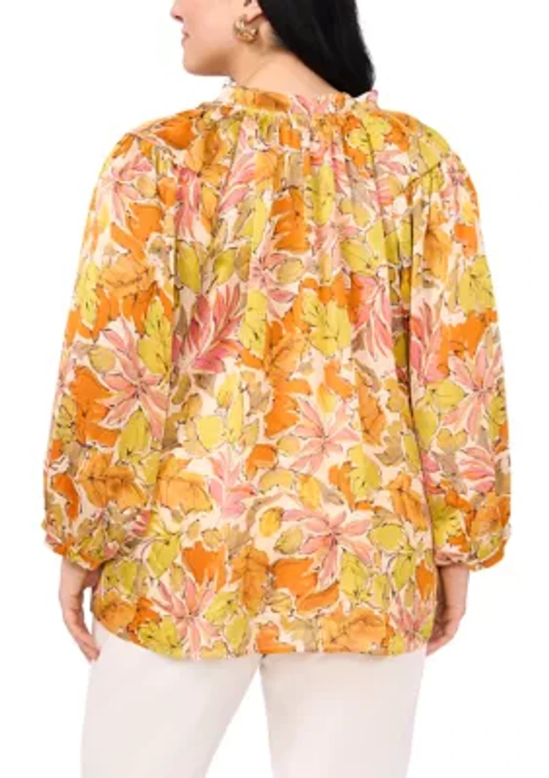 Plus Long Sleeve Split Neck Peasant Blouse