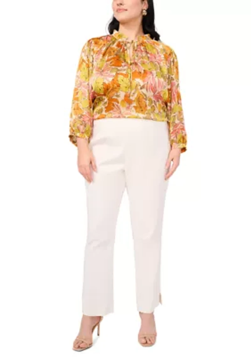 Plus Long Sleeve Split Neck Peasant Blouse