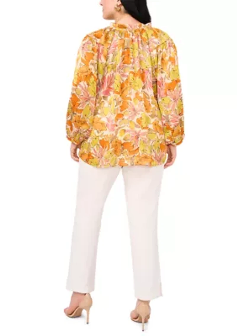 Plus Long Sleeve Split Neck Peasant Blouse
