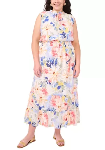 Plus Tie Neck Smocked Waist Printed Maxi Dress