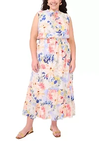 Plus Tie Neck Smocked Waist Printed Maxi Dress