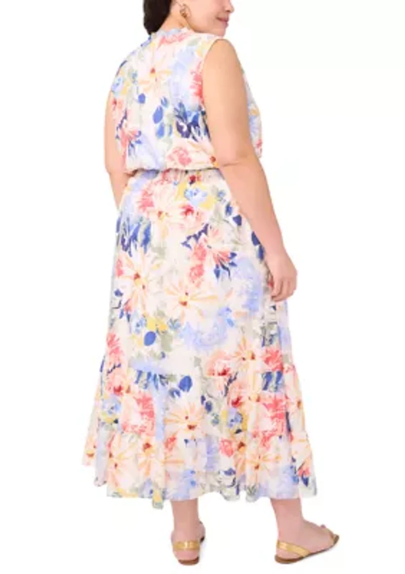 Plus Tie Neck Smocked Waist Printed Maxi Dress