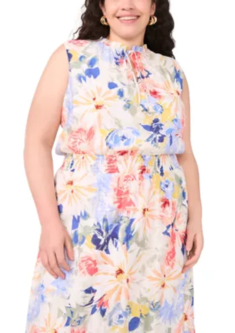 Plus Tie Neck Smocked Waist Printed Maxi Dress
