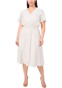 Plus V-Neck Flutter Sleeve Midi Dress