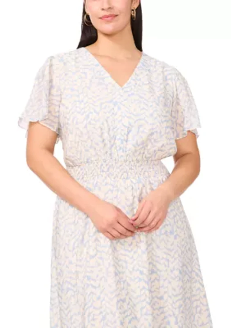 Plus V-Neck Flutter Sleeve Midi Dress