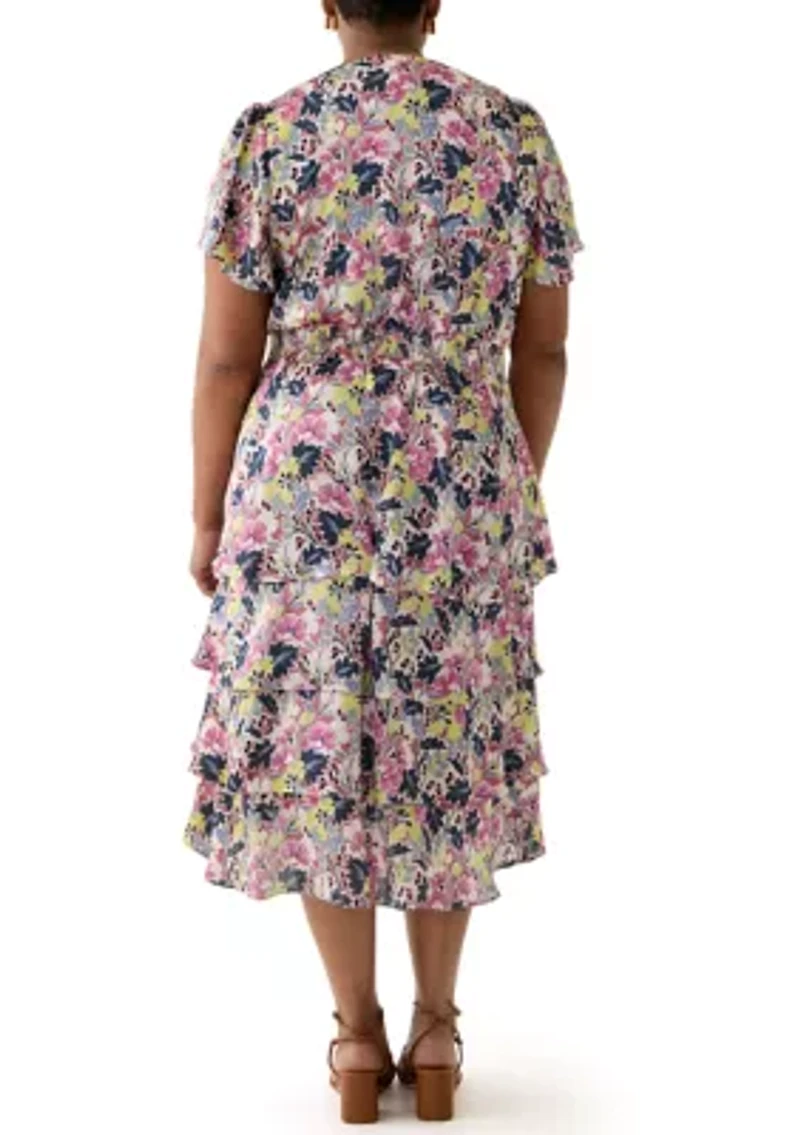 Plus Four Tiered Printed Dress