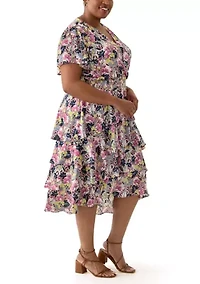 Plus Four Tiered Printed Dress