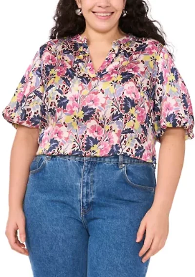 Plus 3/4 Puff Sleeve V-Neck Blouse