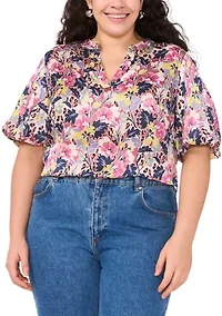 Plus 3/4 Puff Sleeve V-Neck Blouse