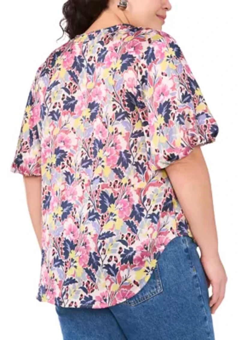Plus 3/4 Puff Sleeve V-Neck Blouse